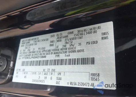 2025 Ford F-150 Xlt из США, поврежденный, VIN 1FTEW3LP6SKE15846